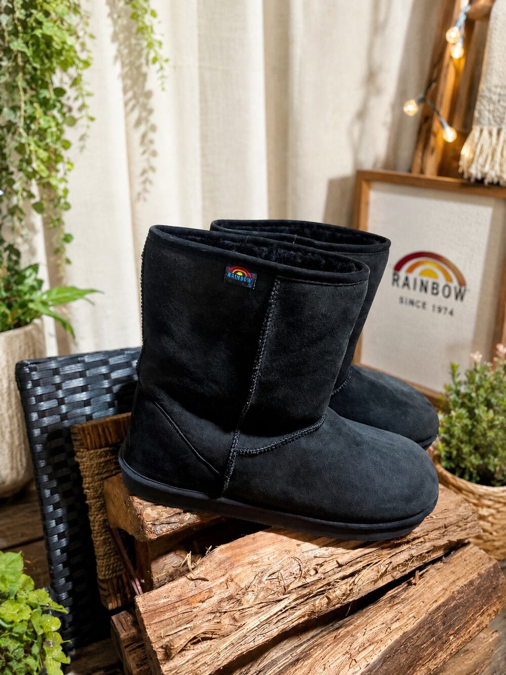 Rainbow Australia Black Shearling Winter Boots Mid Calf Cozy Suede Fur Lined